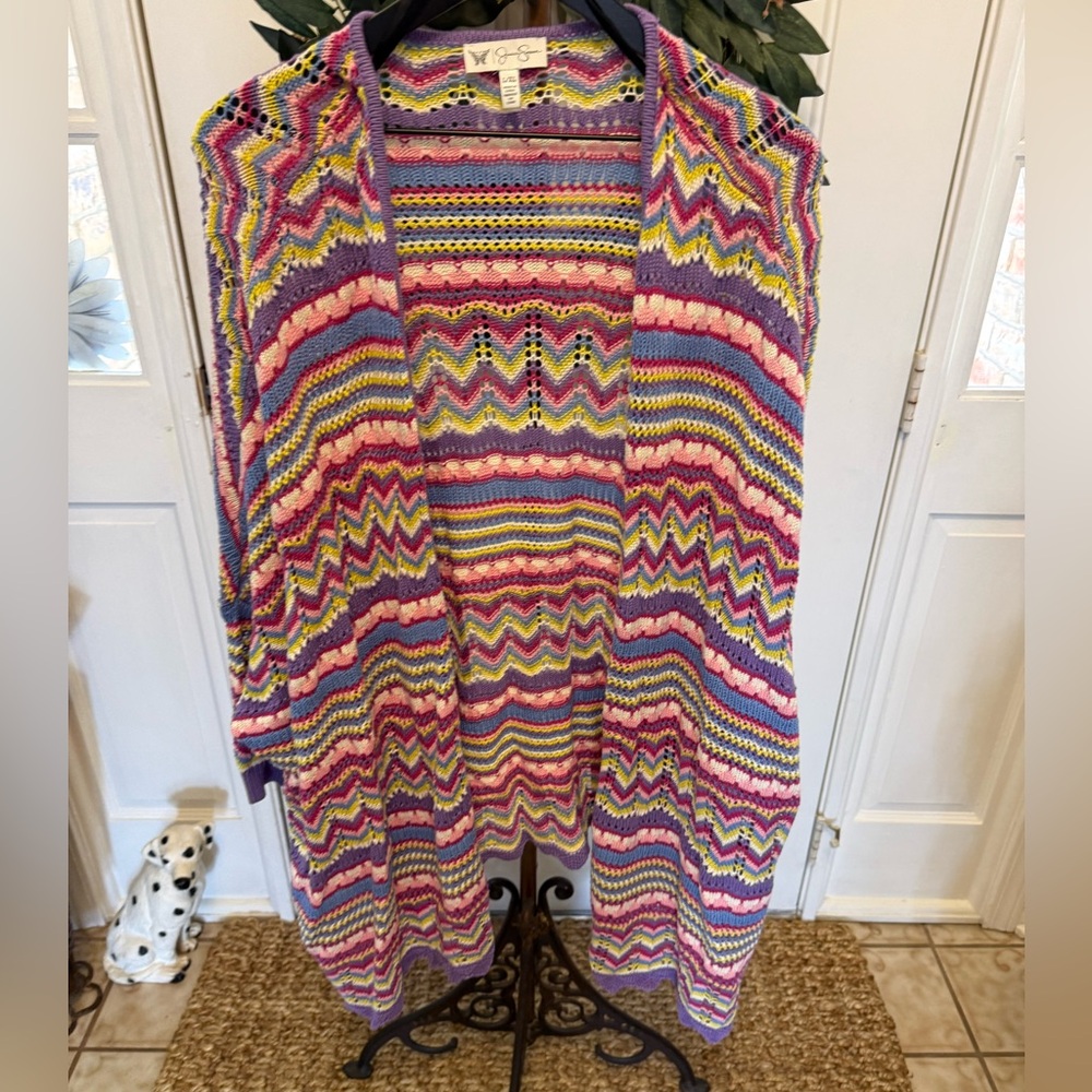Jessica Simpson Colorful Mixed Pattern Longline Open Front Cardigan Sweater L XL